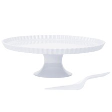 2 Piece White Deluxe Cake Stand & Cake Knife Set