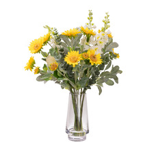 72cm Faux Sunflower & Delphinium Mixed Arrangement with Glass Vase