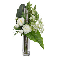 85cm Faux Peony & Wisteria Arrangement with Glass Vase