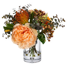 30cm Faux Peony & Banksia Mixed Arrangement with Glass Vase