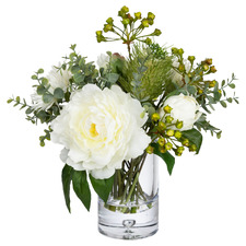 30cm Faux Peony & Banksia Mixed Arrangement with Glass Vase