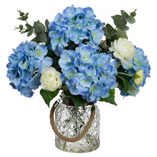 38cm Blue Faux Hydrangea & Peony Arrangement with Glass Jar