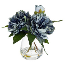 22cm Blue Faux Peony Mixed Arrangement in Glass Vase
