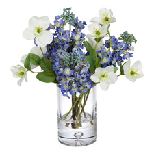 32cm Blue Faux Lilac Mixed Arrangement in Glass Vase