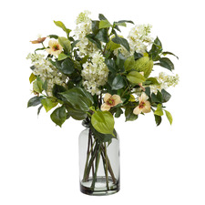 60cm White Faux Lilac Mixed Arrangement in Glass Vase