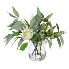 42cm Faux Protea and Eucalyptus Arrangement in Glass Vase
