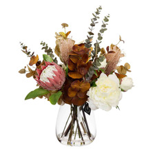 62cm Faux Protea & Peony Mixed Arrangement with Glass Vase