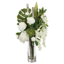 85cm Faux Peony & Wisteria Arrangement with Glass Vase