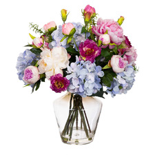 60cm Potted Faux Hydrangea & Peony Flower Arrangement with Glass Vase