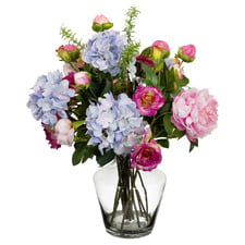 60cm Potted Faux Hydrangea & Peony Flower Arrangement with Glass Vase