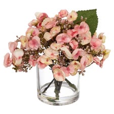 18cm Pink Faux Hydrangea Arrangement with Glass Vase
