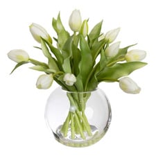 29cm White Faux Tulip Arrangement with Glass Vase