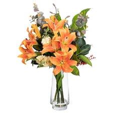 82cm Orange Faux Lily Mixed Arrangement with Glass Vase