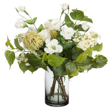 60cm White Faux Lilac Mixed Arrangement in Glass Vase