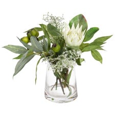 42cm Faux Protea and Eucalyptus Arrangement in Glass Vase