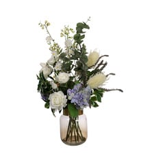 80cm Faux Hydrangea & Banksia Arrangement with Glass Vase