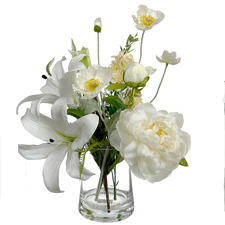 48cm White Faux Lily Mixed Arrangement in Glass Vase