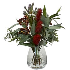 50cm Faux Bottle Brush & Eucalyptus Arrangement in Glass Vase