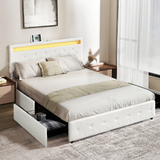 White Antoine Faux Leather Bed with LED & Drawers