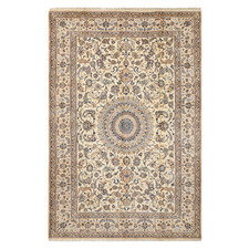 Cream & Blue Hand-Knotted Wool Persian Rug