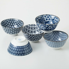 Indigo & White 13cm Japanese Porcelain Noodle Bowls (Set of 5)