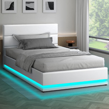 White Alpine PU Leather Gas Lift Storage Bed with LED