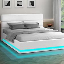 White Alpine Boucle Gas Lift Storage Bed with LED