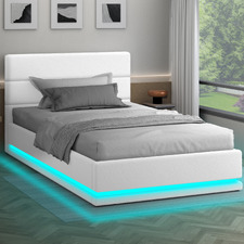 White Alpine Boucle Gas Lift Storage Bed with LED