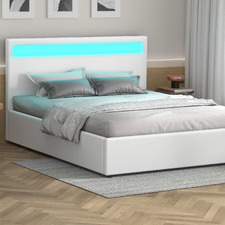 White Caledon PU Leather Gas Lift Storage Bed with LED