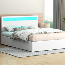 White Caledon PU Leather Gas Lift Storage Bed with LED