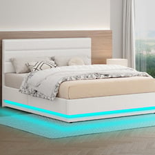 White Alpine Boucle Gas Lift Storage Bed with LED