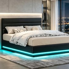 Black Alpine PU Leather Gas Lift Storage Bed with LED
