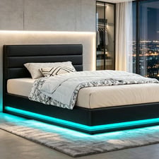 Black Alpine PU Leather Gas Lift Storage Bed with LED
