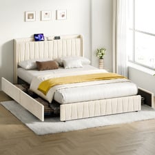 Landon Velvet Bed Frame with Charging Station & Drawers
