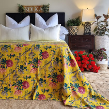 Mustard Peony Kantha Cotton King Bedspread