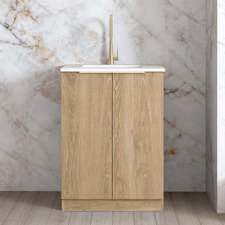 Byron 650mm Natural Oak Laundry Cabinet with White Countertop & Sink