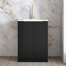 Byron 650mm Black Oak Laundry Cabinet with Carrara Countertop & Sink