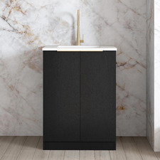 Byron 650mm Black Oak Laundry Cabinet with White Countertop & Sink