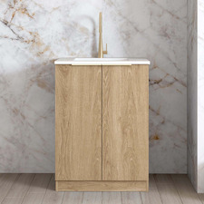 Byron 650mm Natural Oak Laundry Cabinet with Carrara Countertop & Sink