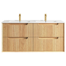 Byron Fluted 1200mm Woodland Oak Wall Hung Double Vanity with Ceramic Countertop