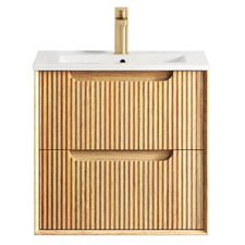 Byron Fluted 600mm Woodland Oak Wall Hung Single Vanity with Ceramic Countertop