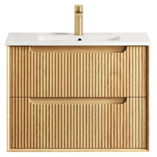 Byron Fluted 750mm Woodland Oak Wall Hung Single Vanity with Ceramic Countertop