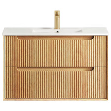 Byron Fluted 900mm Woodland Oak Wall Hung Single Vanity with Ceramic Countertop