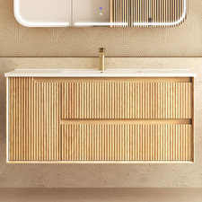 Byron Fluted 1200mm Woodland Oak Wall Hung Single Vanity with Ceramic Countertop
