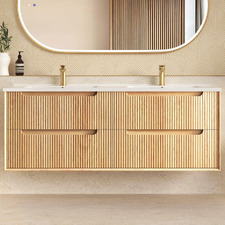 Byron Fluted 1500mm Woodland Oak Wall Hung Double Vanity with Ceramic Countertop