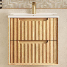 Byron Fluted 600mm Woodland Oak Wall Hung Single Vanity with Ceramic Countertop