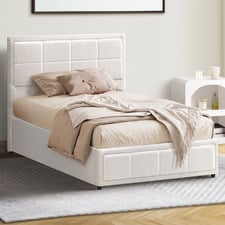 White Reese Boucle Gas Lift Storage Bed Frame
