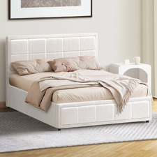 White Reese Boucle Gas Lift Storage Bed Frame