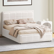 White Reese Boucle Gas Lift Storage Bed Frame
