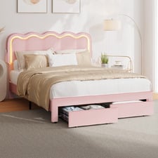 Chloe Velvet Bed Frame with LED & Drawers